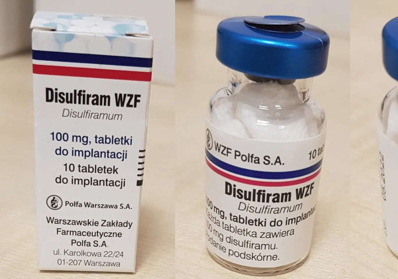 Wszywka alkoholowa Esperal Sulechów: fiolka disulfiramu obok opakowania leku